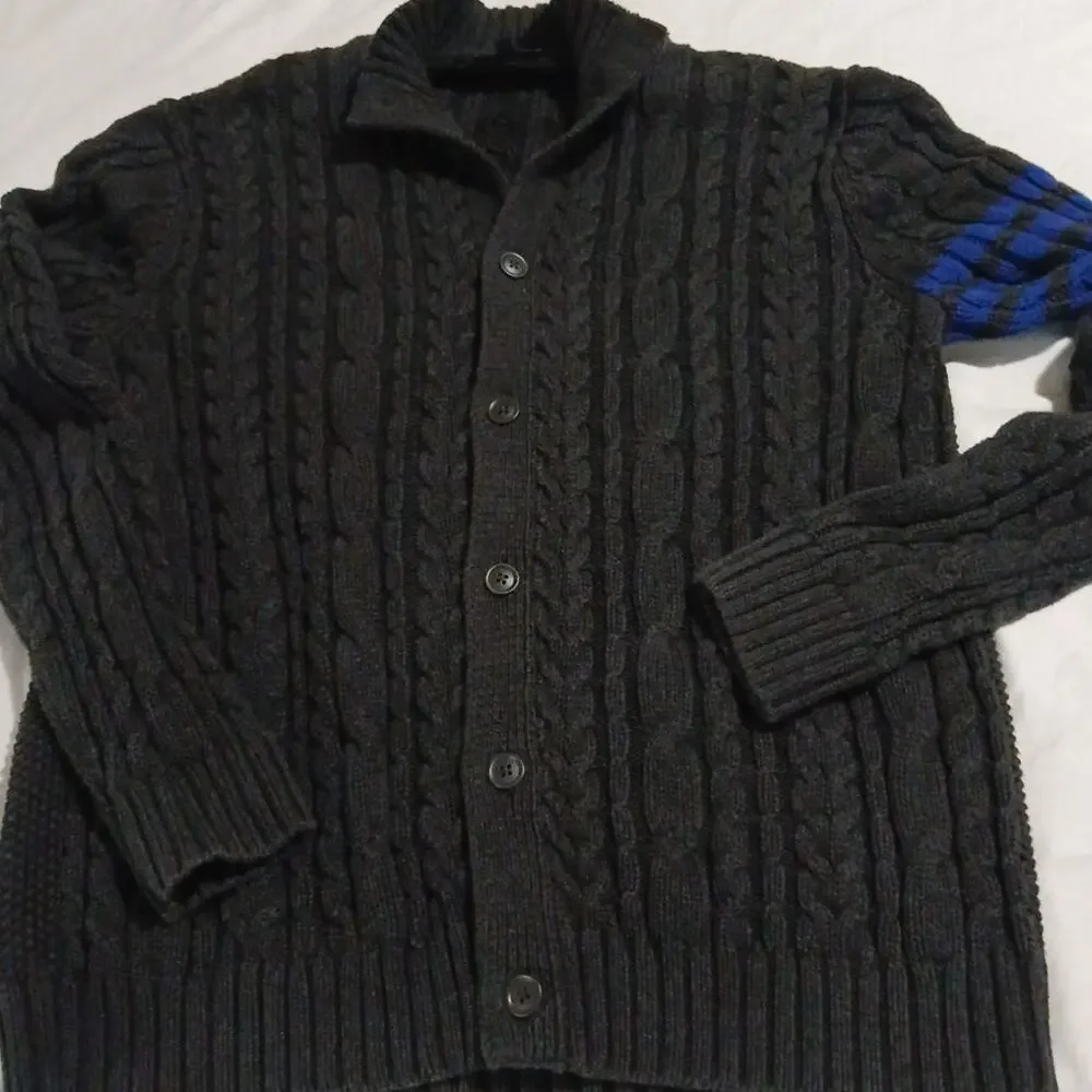 Gap XL Men's Cable-Knit Dark Grey Button-Up Cardigan 100% Cotton Striped-Sleeve